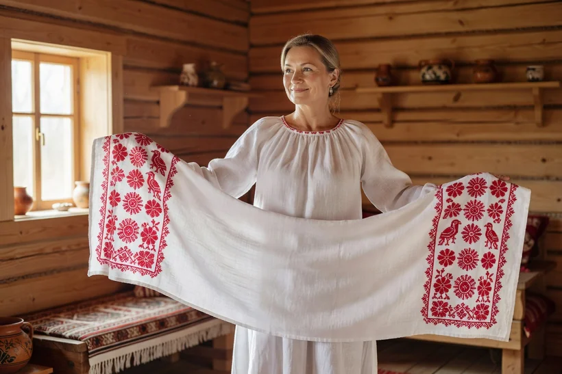 Femme tenant un rouchnik russe, longue serviette de lin blanc brodée de motifs rouges