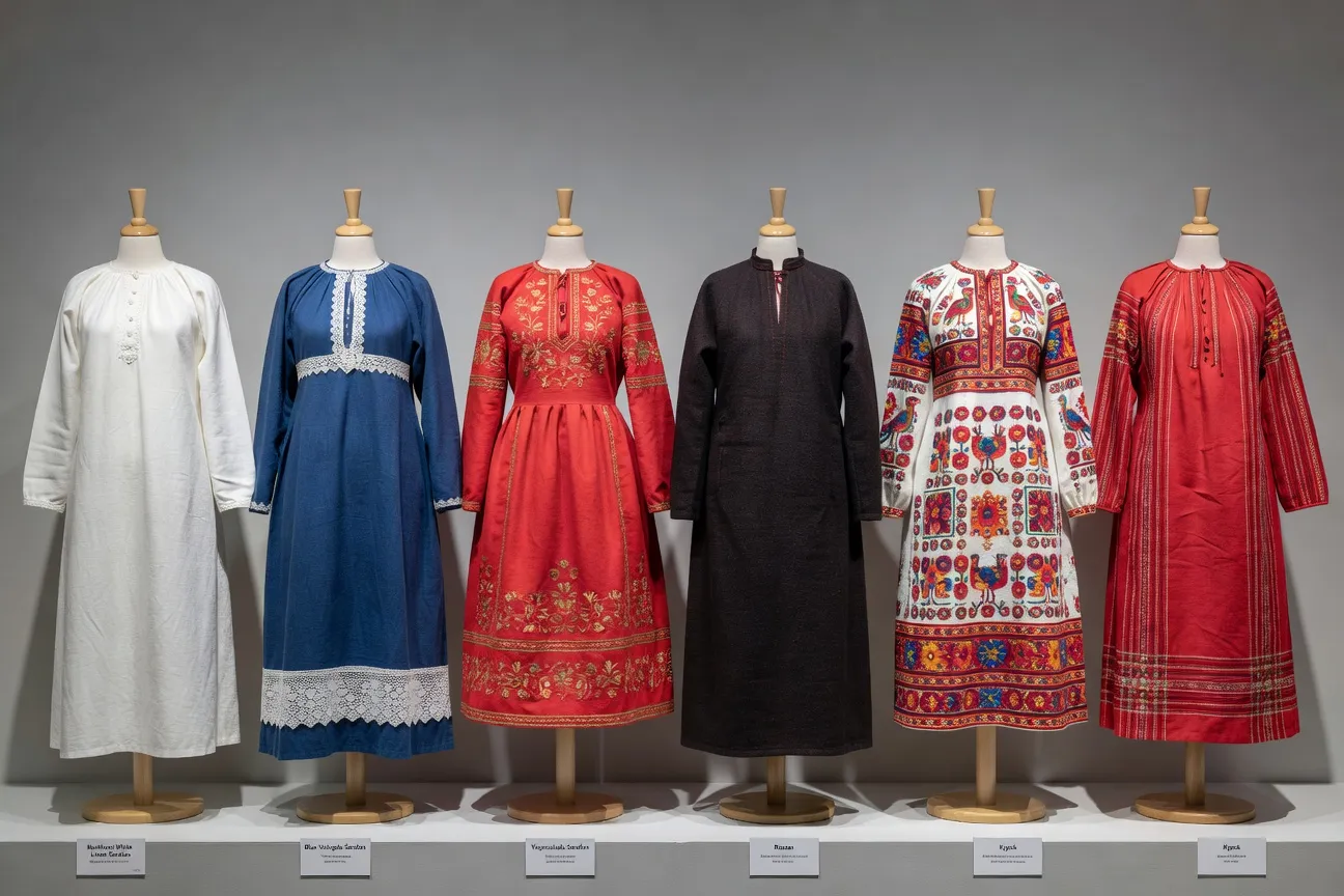 Collection de sarafanes russes traditionnels par région — Nord, Centre, Sud, Sibérie