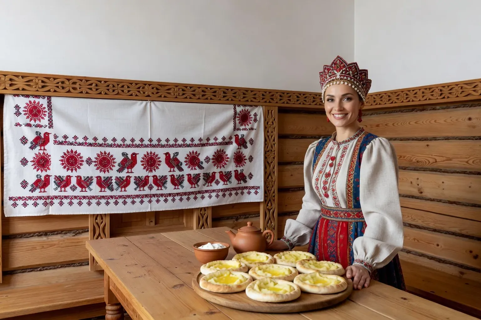 Femme adulte en tenue folklorique russe brodée, souriante derrière une longue table de bois dans une izba, avec un plateau de galettes rondes garnies de purée de pommes de terre dorée