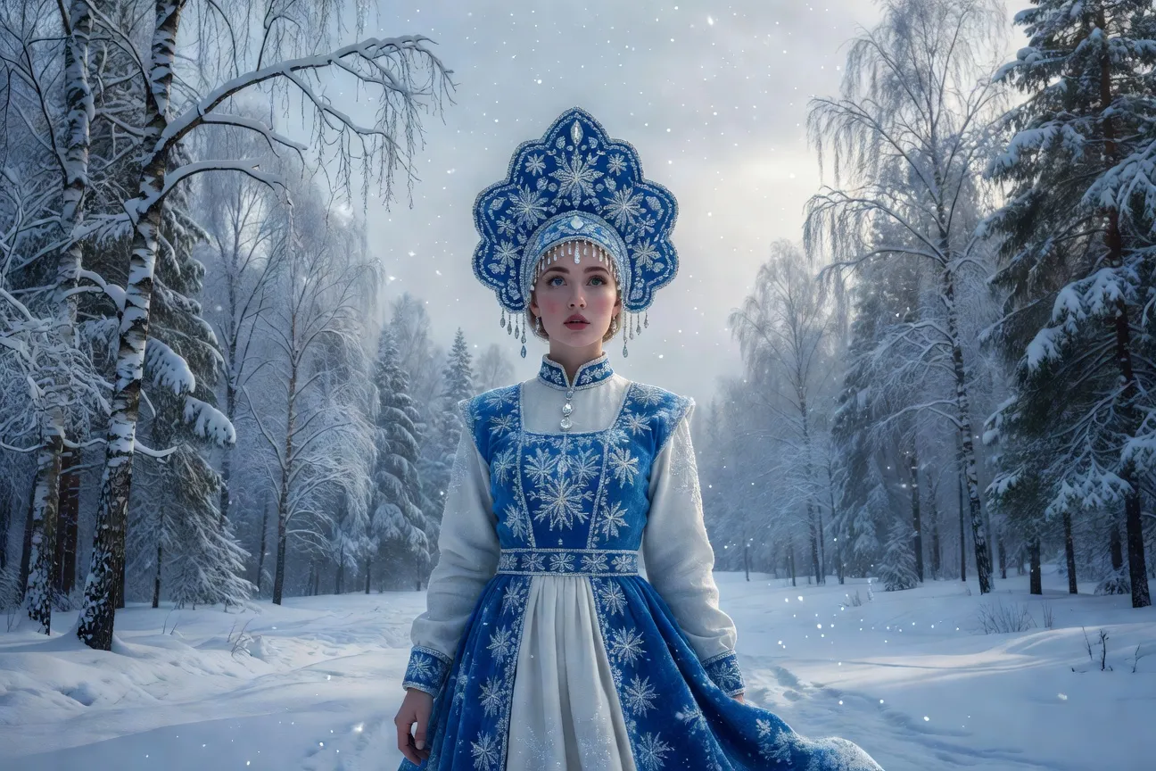 Snégourotchka en sarafane bleu et kokochnik argenté
