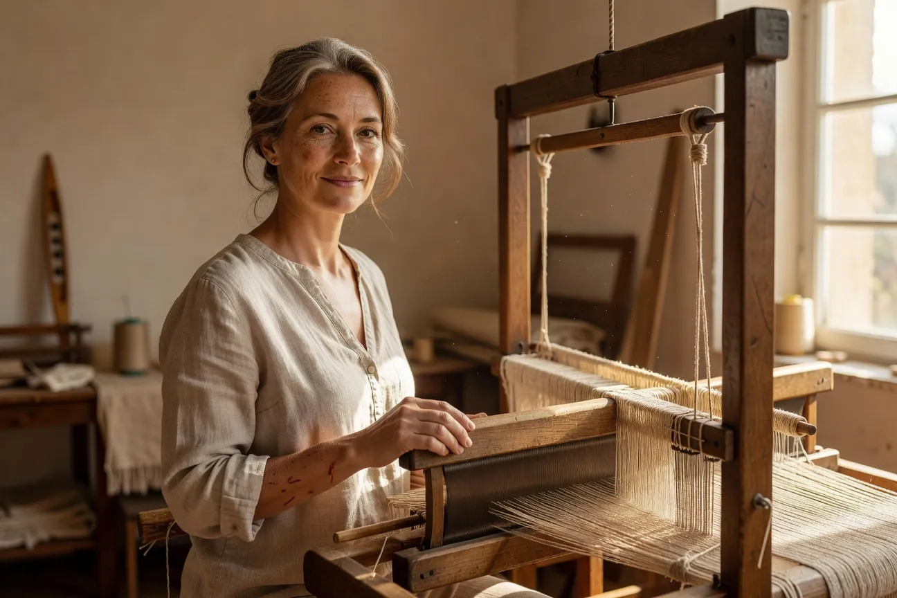Portrait de la tisserande Irina Klimova devant son métier à tisser traditionnel, visage entier visible