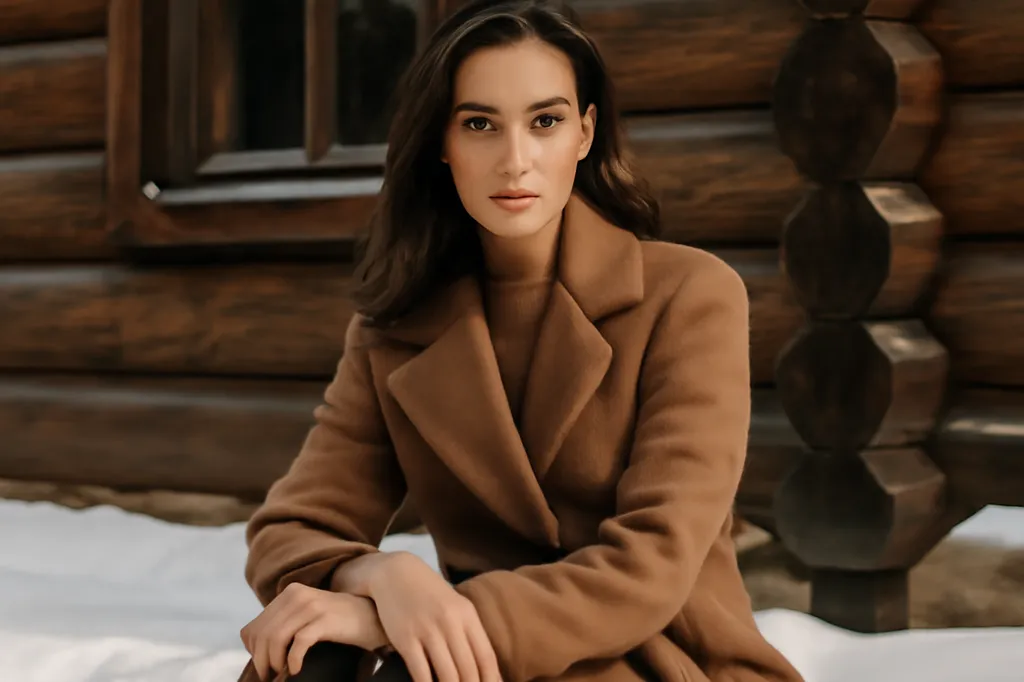 Femme en manteau d'hiver élégant portant des valenki devant une isba enneigée