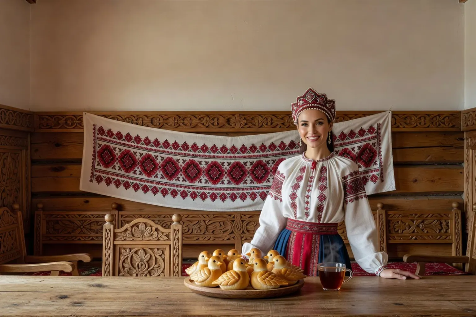 Femme en costume russe traditionnel souriant derrière une table en bois dans une izba, devant un plateau de petits pains levés en forme d'alouette aux yeux de raisin sec
