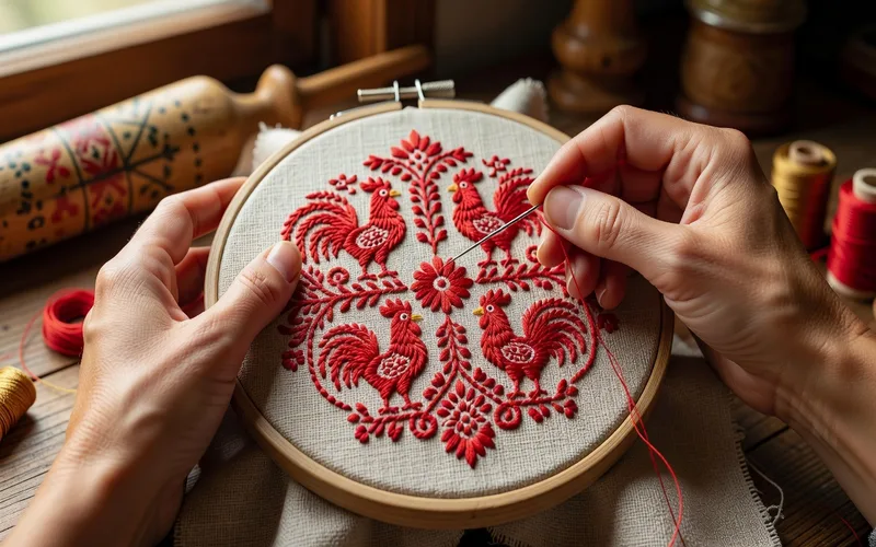 Femme russe en tenue traditionnelle brodee, heritage des techniques diffusees a l'epoque Brocard