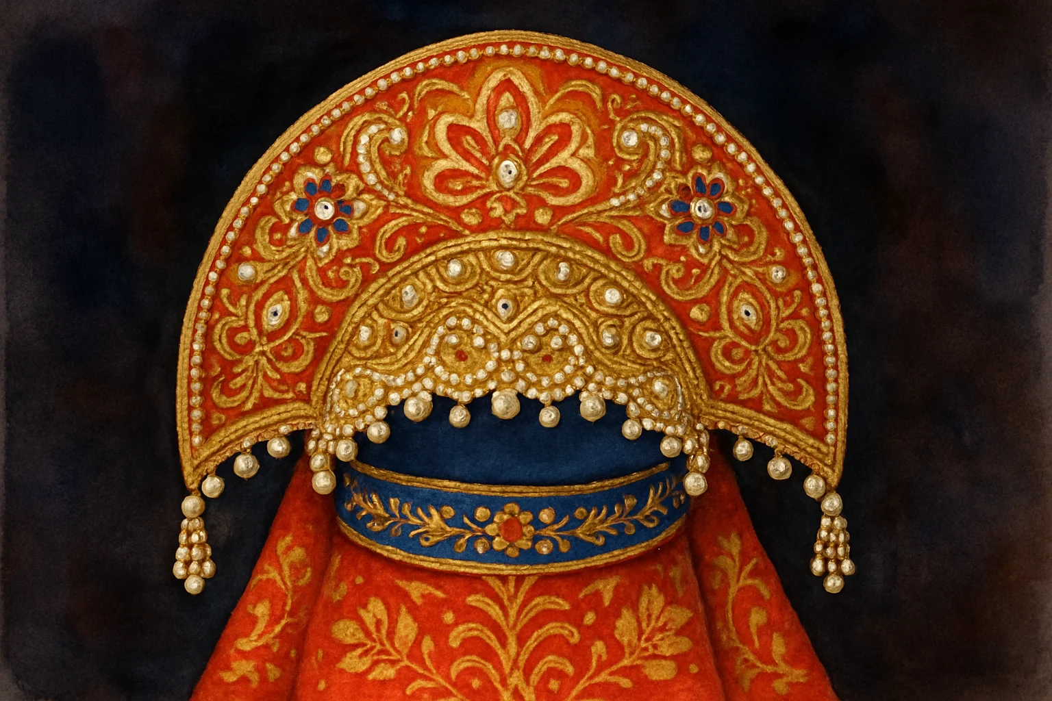 Kokochnik traditionnel russe richement brode de perles et fils d'or sur velours sombre