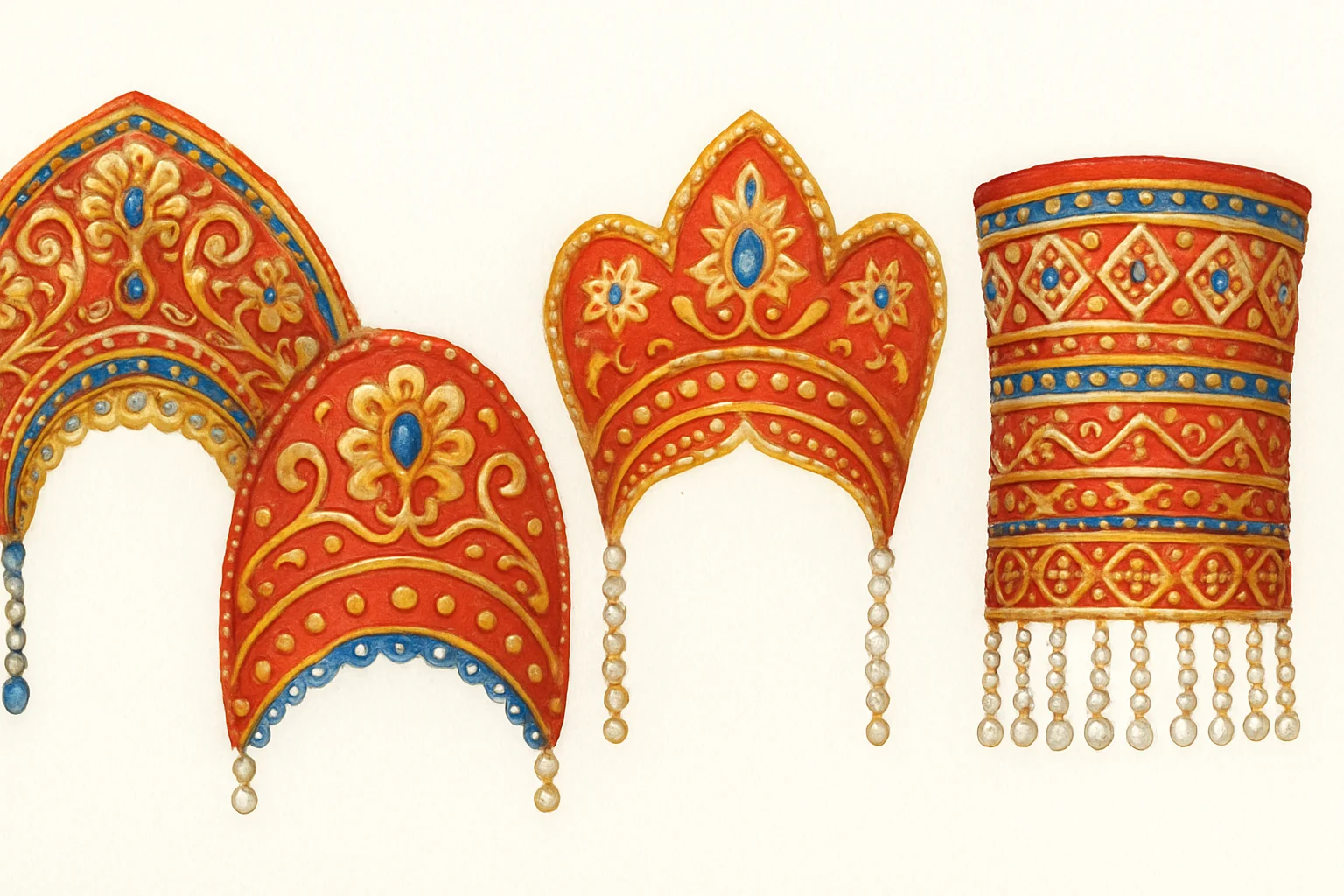 Quatre types de kokochnik russes par region : eventail, croissant, couronne et cylindrique