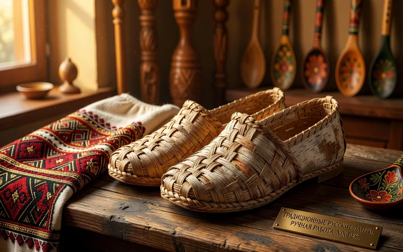 Artisan tressant des lapti traditionnels russes en ecorce de bouleau, avec un kochedyk (poincon) et des bandes d'ecorce preparees