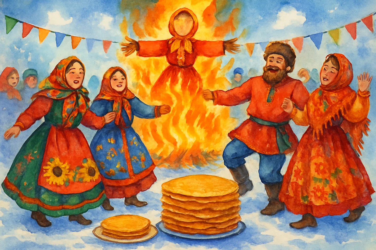 Celebration de Maslenitsa : danse en costumes traditionnels russes autour du bucher d'hiver, bliny dores et neige
