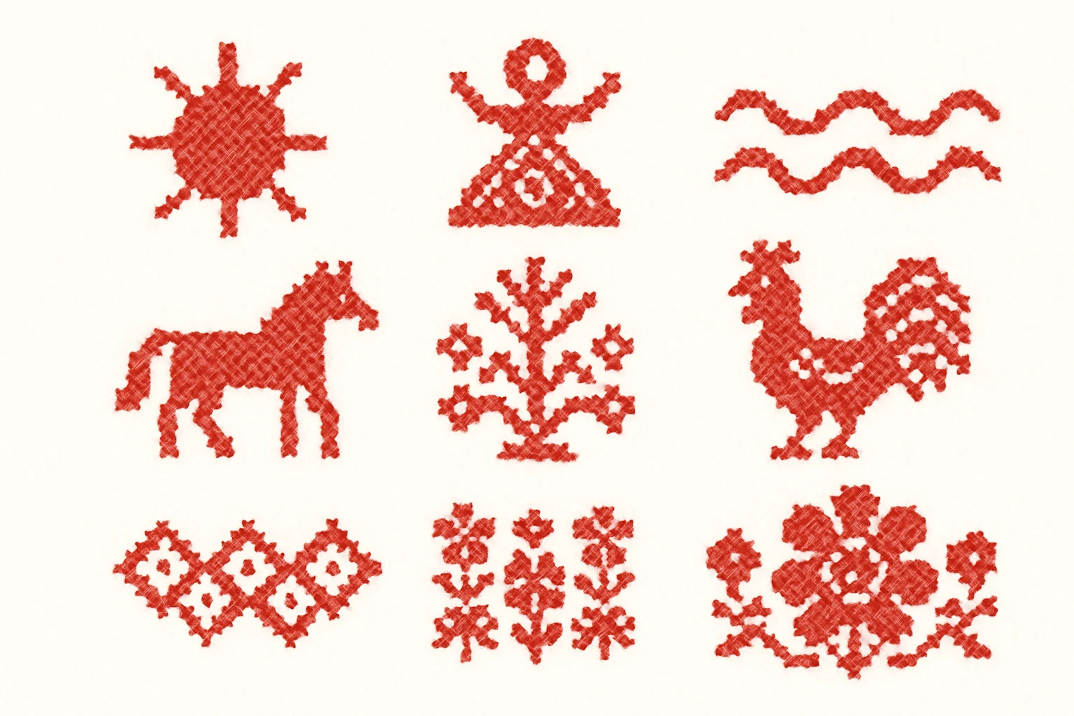 Symboles de la broderie russe traditionnelle : soleil, terre-mere, eau, cheval, coq, Arbre de Vie et motifs floraux en fil rouge