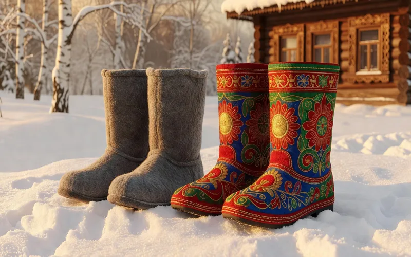 Valenki traditionnels russes en feutre blanc et gris, avec variantes decorees contemporaines brodees et ornees de motifs floraux