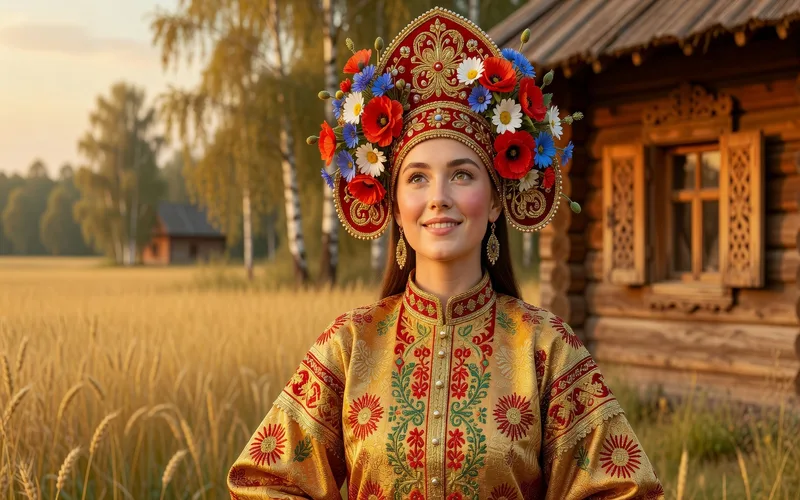 Enfants russes en costumes traditionnels de fete : filles en sarafanes colores et garcons en kosovorotkas brodees lors d'une celebration