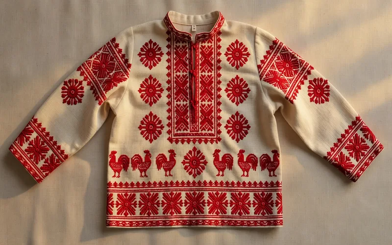 Rubakha enfantine traditionnelle russe en lin blanc avec broderie rouge protectrice au col et aux poignets