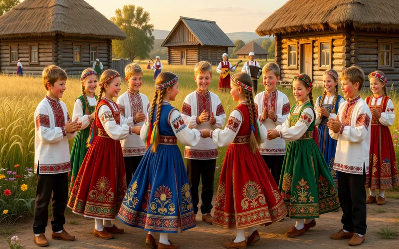 Enfants russes en vetements traditionnels : fille en sarafane rouge brode et garcon en kosovorotka blanche avec ceinture tissee