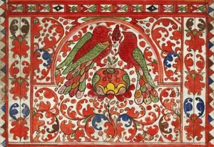 Peinture populaire russe de Severodvinsk, motifs floraux et oiseaux mythiques sur bois
